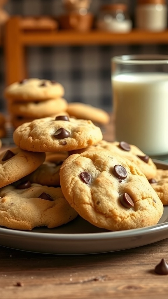 A plate of golden brown flour cookies with chocolate chips, served with a glass of milk.